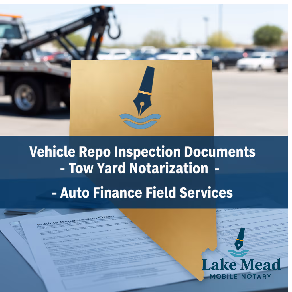 Lake Mead Mobile Notary logo with vehicle repossession documents, tow truck, auto finance paperwork, and Nevada outline. Blue and gold theme with text: 'Vehicle Repo Inspection Documents - Tow Yard Notarization - Auto Finance Field Services