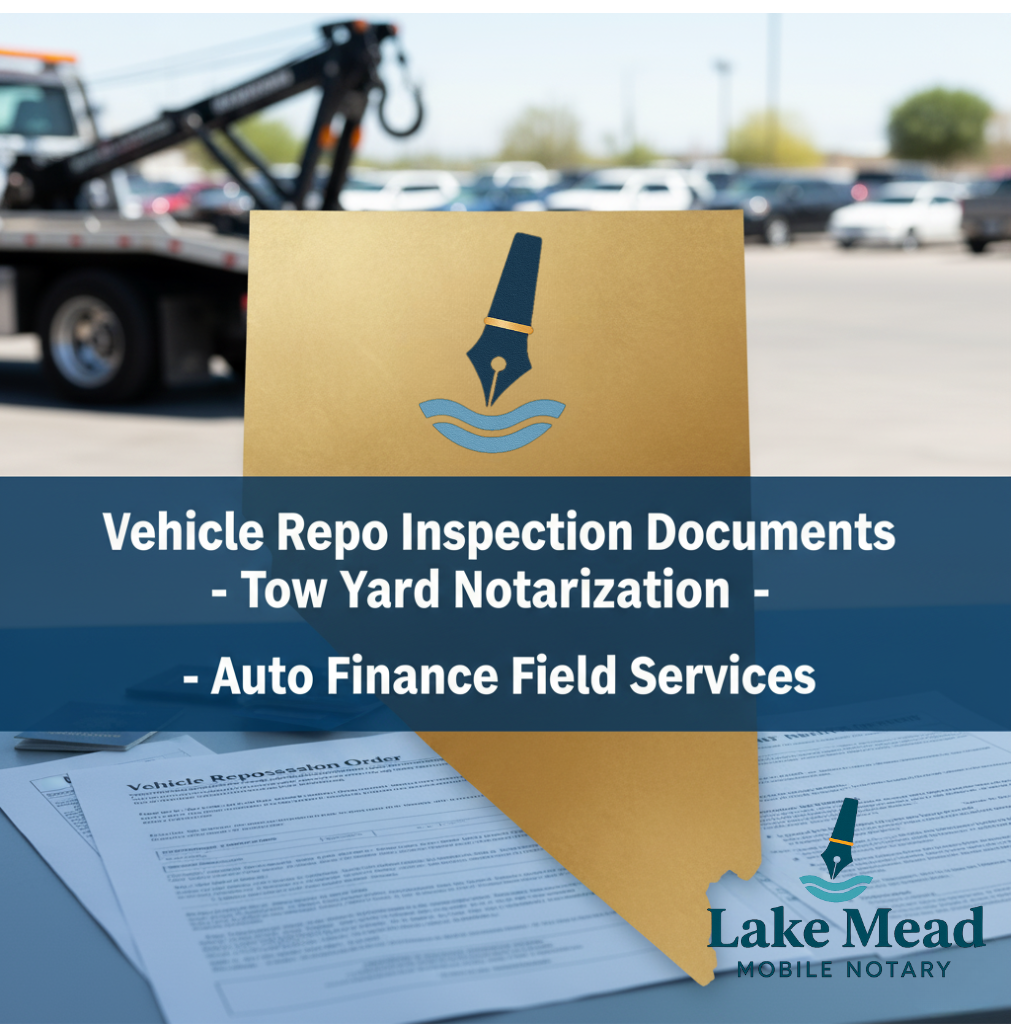 Lake Mead Mobile Notary logo with vehicle repossession documents, tow truck, auto finance paperwork, and Nevada outline. Blue and gold theme with text: 'Vehicle Repo Inspection Documents - Tow Yard Notarization - Auto Finance Field Services