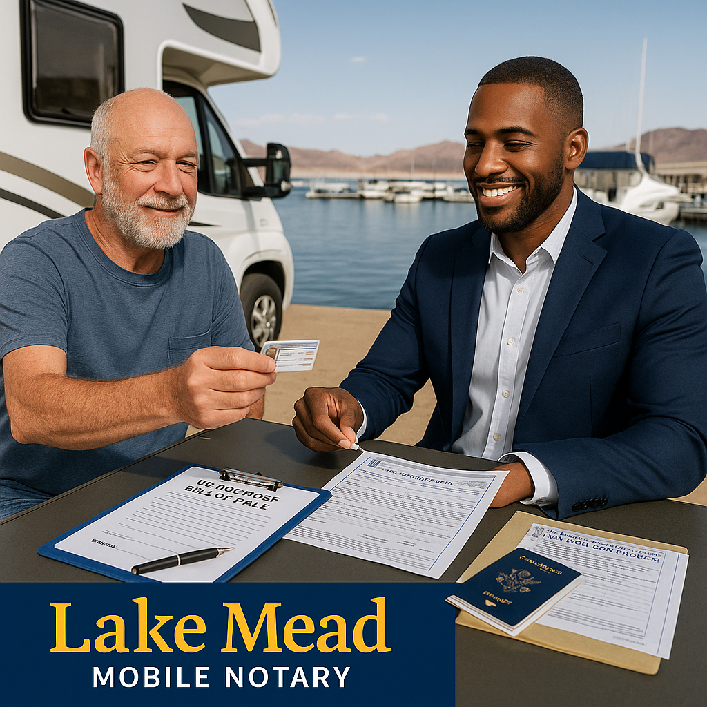 Boulder City marina mobile notary at Lake Mead—RV and boat bill of sale documents, Nevada DMV forms, ID verification, professional waterfront service, Lake Mead Mobile Notary branding, recreational vehicle owner