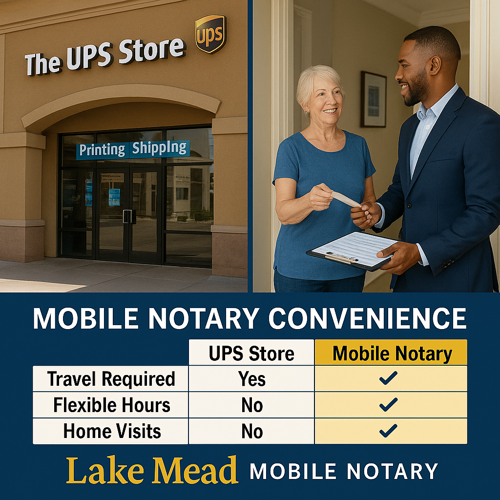 Boulder City mobile notary comparison—UPS Store storefront vs mobile notary at customer home, convenience comparison chart, Lake Mead Mobile Notary branding, professional service delivery