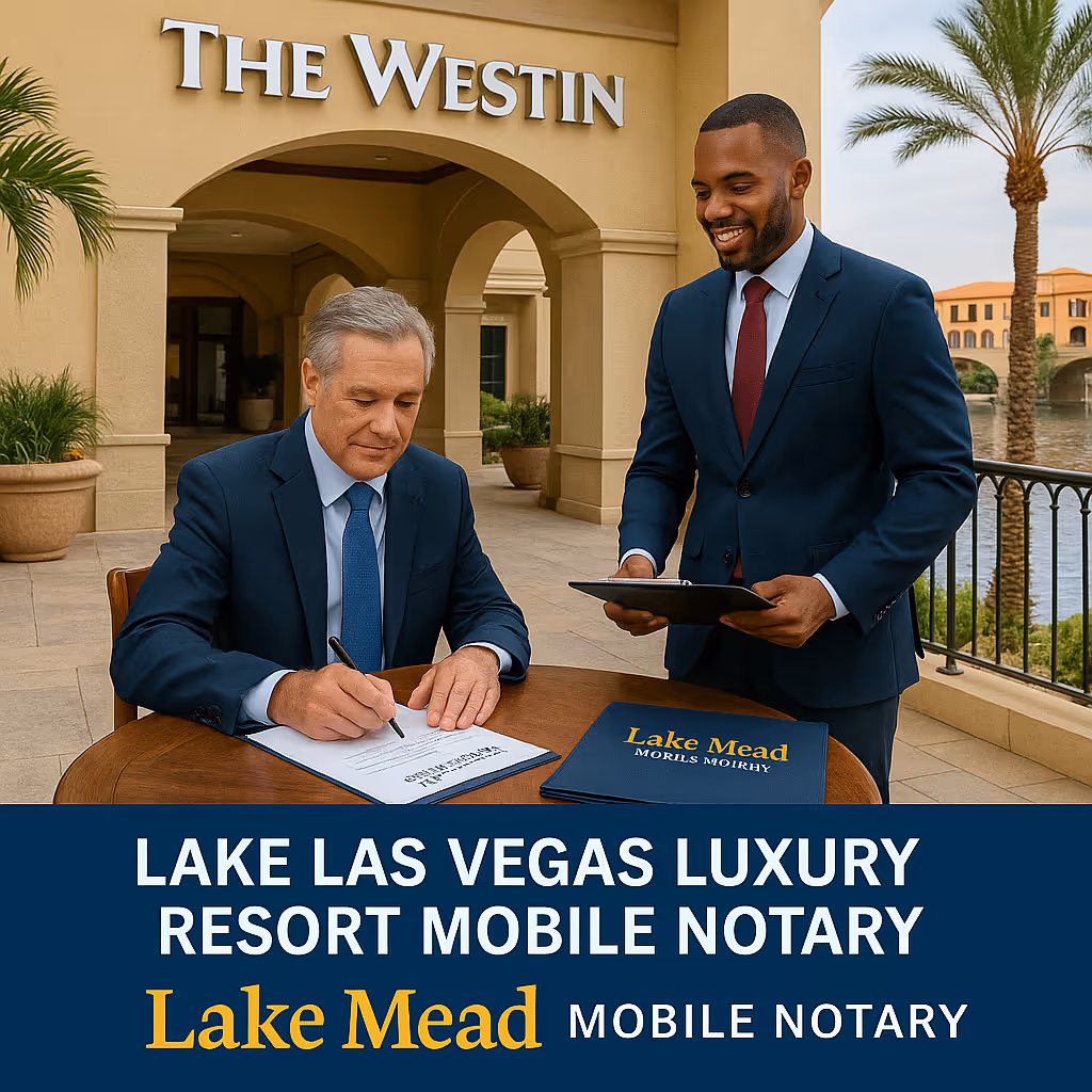 Lake Las Vegas luxury resort mobile notary—Westin lobby professional service, estate documents, discrete signing, Lake Mead Mobile Notary branding, high-net-worth client, waterfront resort setting