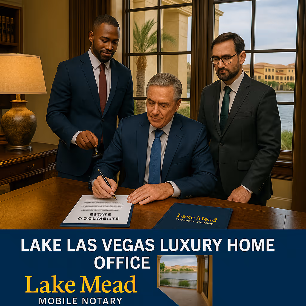 Lake Las Vegas luxury home office—trust documents laid out, Nevada attorney present, mobile notary with seal, discrete professional signing, Lake Mead Mobile Notary branding, high-net-worth client, waterfront estate setting