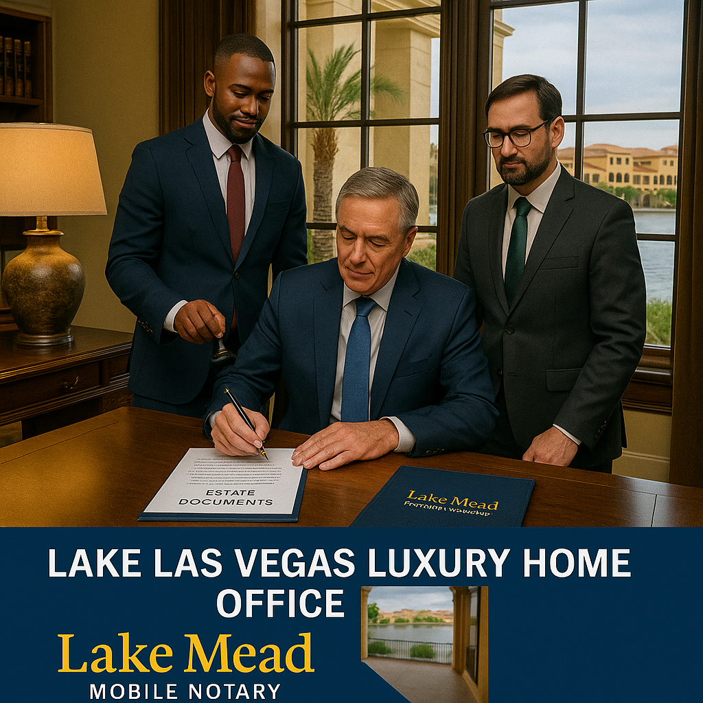 Lake Las Vegas luxury home office—trust documents laid out, Nevada attorney present, mobile notary with seal, discrete professional signing, Lake Mead Mobile Notary branding, high-net-worth client, waterfront estate setting
