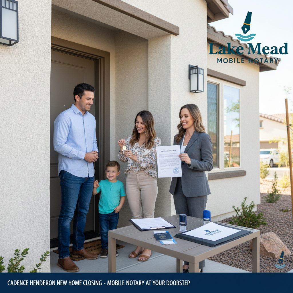 Cadence Henderson new home—young family at doorstep with keys, closing documents, mobile notary with stamp, master-planned community, Lake Mead Mobile Notary branding, modern architecture background