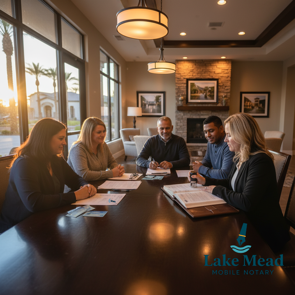Lake Mead Mobile Notary logo shown during evening signing at Cadence clubhouse with family, Nevada IDs, and notary journal.
