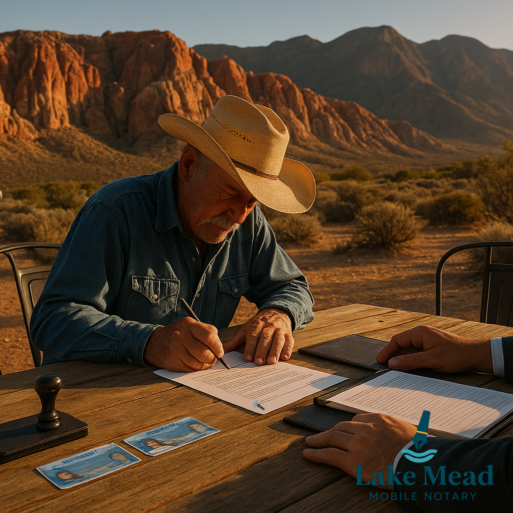 Rural Blue Diamond notary scene, with Red Rock cliffs; rancher signs at patio table; Lake Mead Mobile Notary logo on journal.