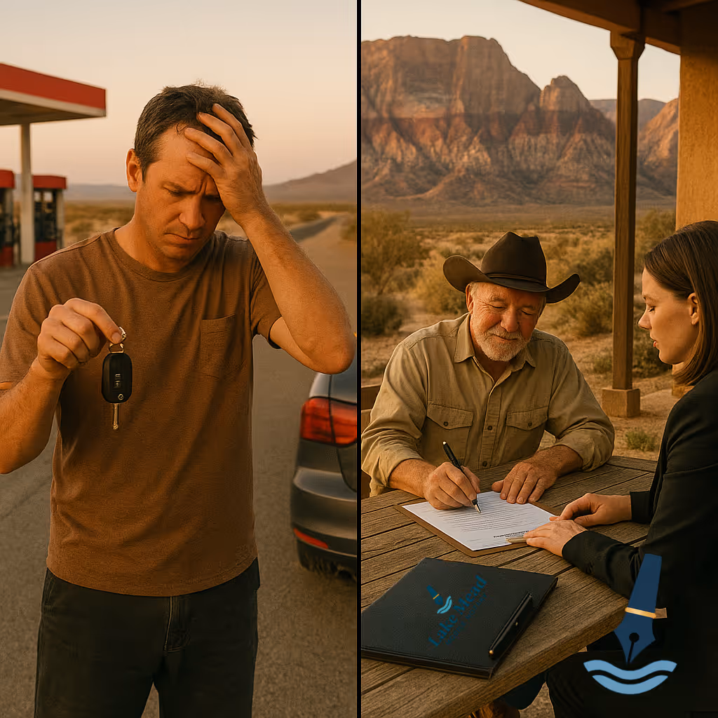Split-screen Blue Diamond: left stressed driver; right side, calm patio signing now; Lake Mead Mobile Notary logo