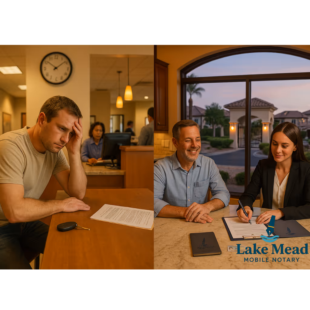 Split-screen at Tuscany Henderson guard gate: left resident frustrated at bank 4:45 PM; right home signing with mobile notary; Lake Mead Mobile Notary logo on folder.