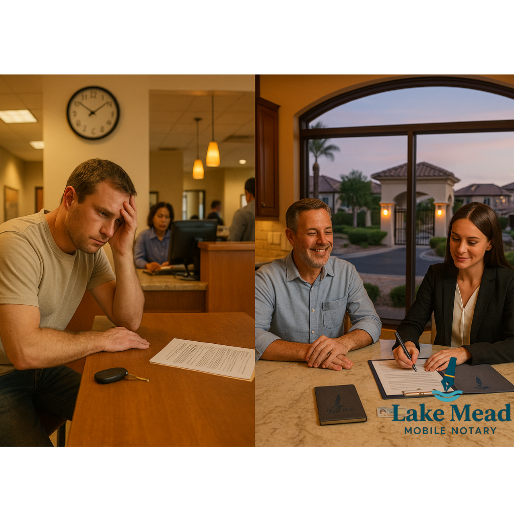 Split-screen at Tuscany Henderson guard gate: left resident frustrated at bank 4:45 PM; right home signing with mobile notary; Lake Mead Mobile Notary logo on folder.