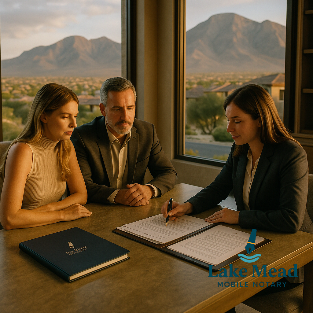 Roma Hills luxury real estate closing—mobile notary reviews documents with couple at panoramic desk, McCullough Mountains view; Lake Mead Mobile Notary logo visible.