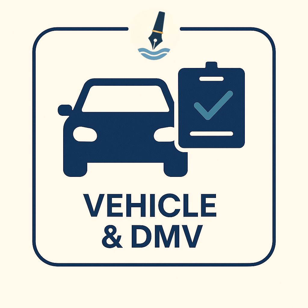 Lake Mead Mobile Notary Vehicle and DMV icon, car silhouette with clipboard checkmark in rounded navy frame on light beige background.