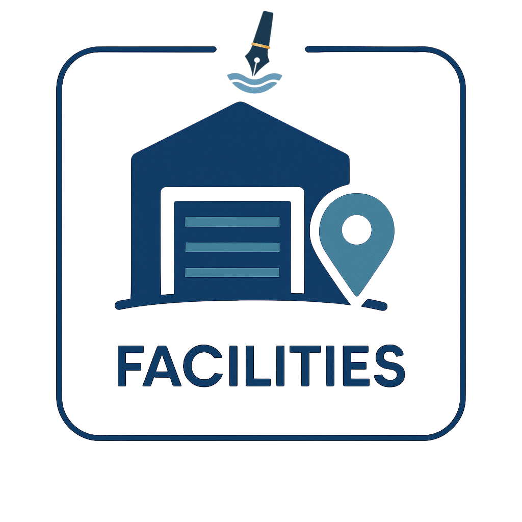 Lake Mead Mobile Notary Facilities icon, navy warehouse with roll up door and teal map pin in rounded frame.