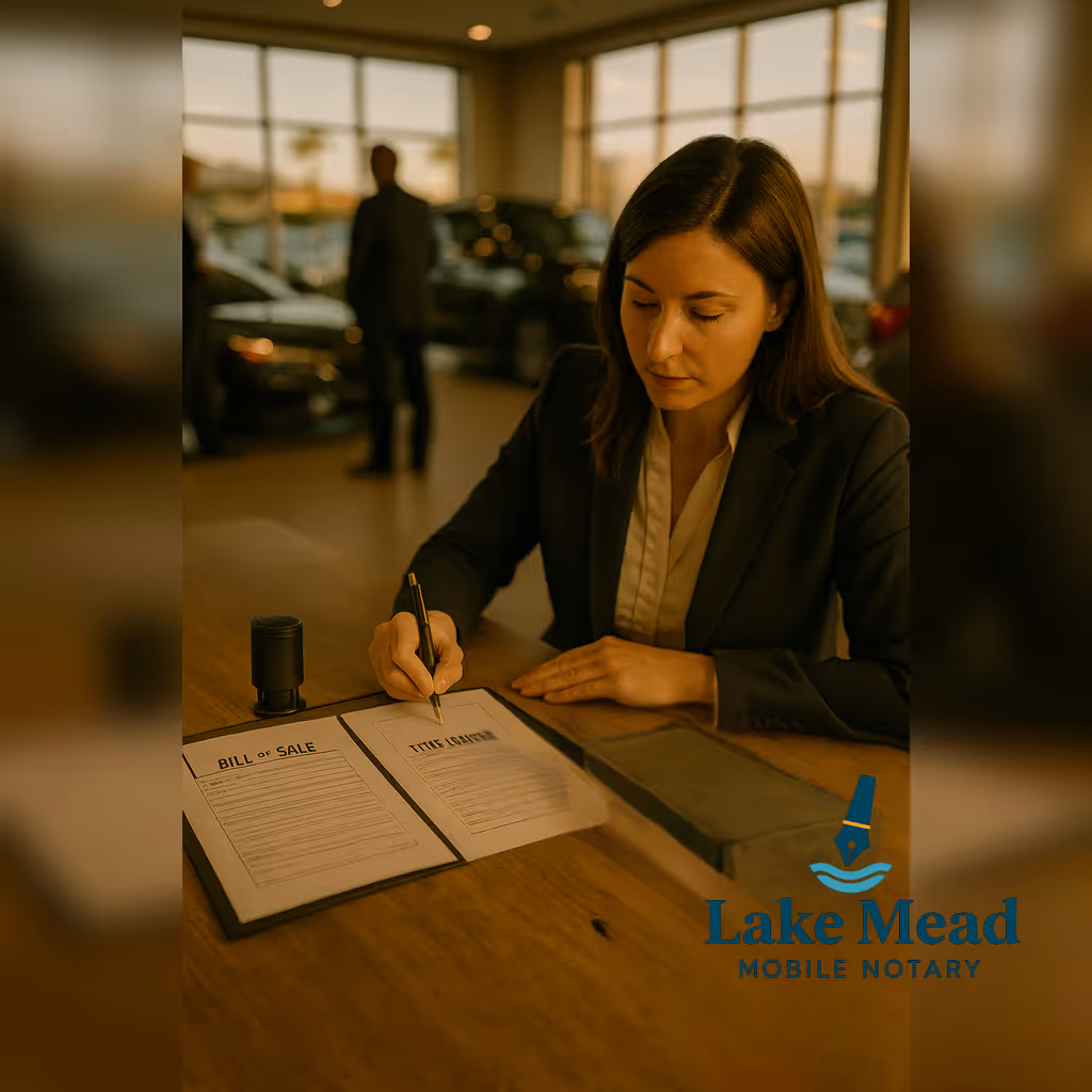 Las Vegas dealership title notarization—DMV bill of sale and title transfer; journal, stamp, cars in showroom; Lake Mead Mobile Notary.