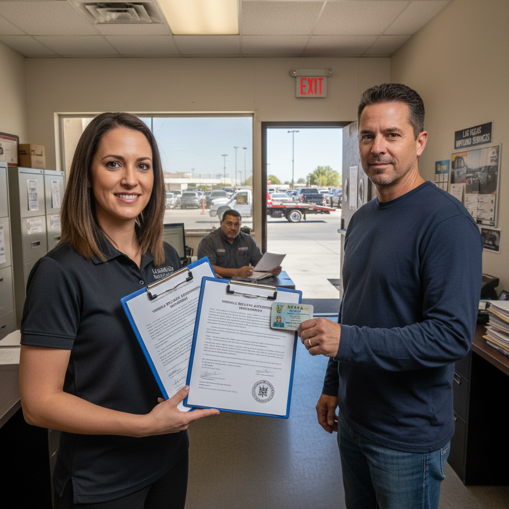 A Lake Mead Mobile Notary agent holds forms while a client presents his Nevada ID at a tow yard, emphasizing efficient service.