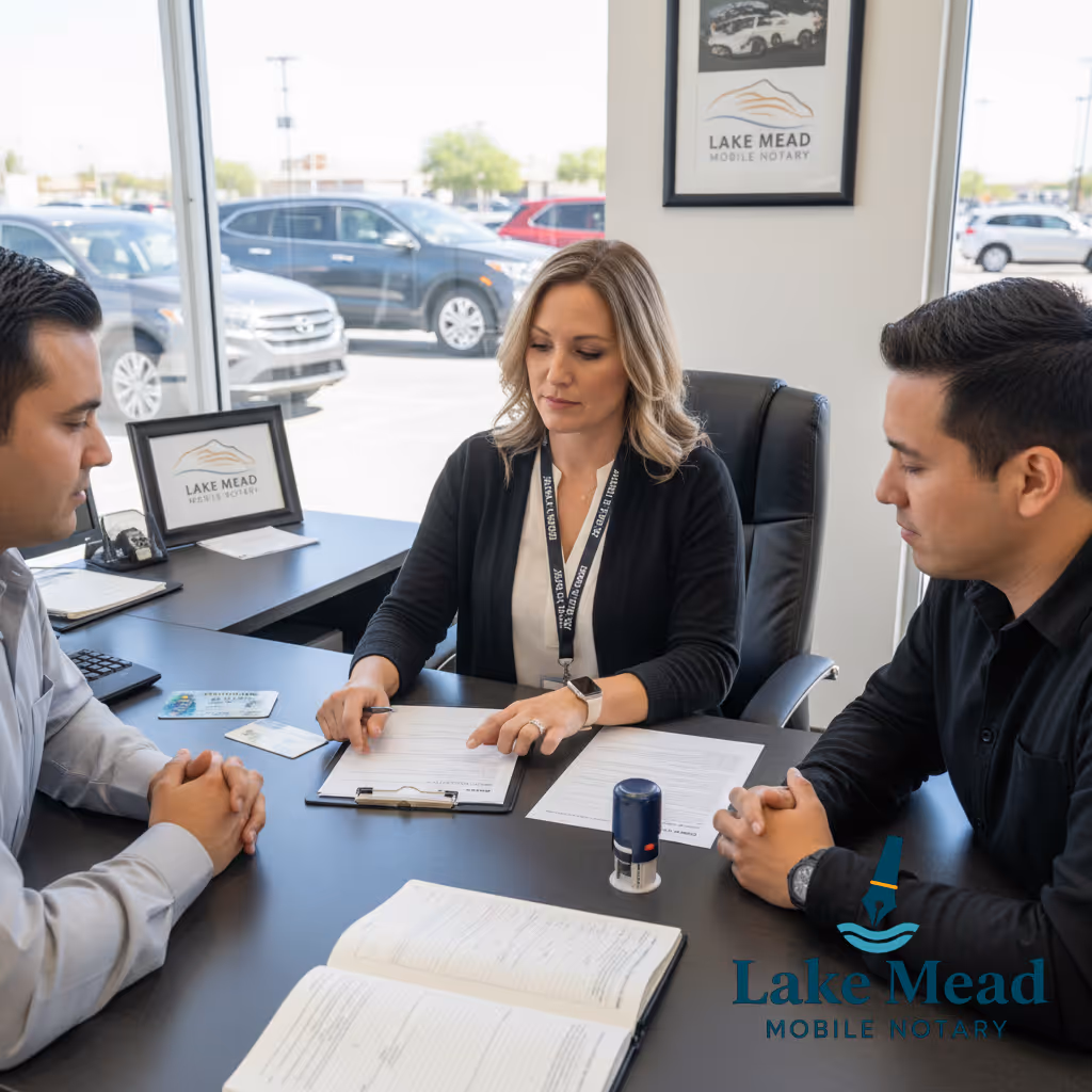 Lake Mead Mobile Notary guides client through Nevada DMV Power of Attorney signing at a dealership, ensuring legal compliance and trust.