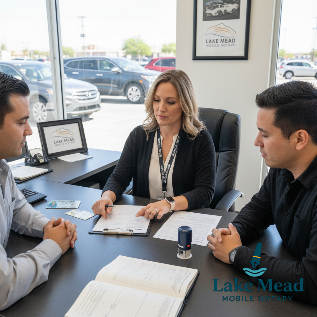 Lake Mead Mobile Notary guides client through Nevada DMV Power of Attorney signing at a dealership, ensuring legal compliance and trust.