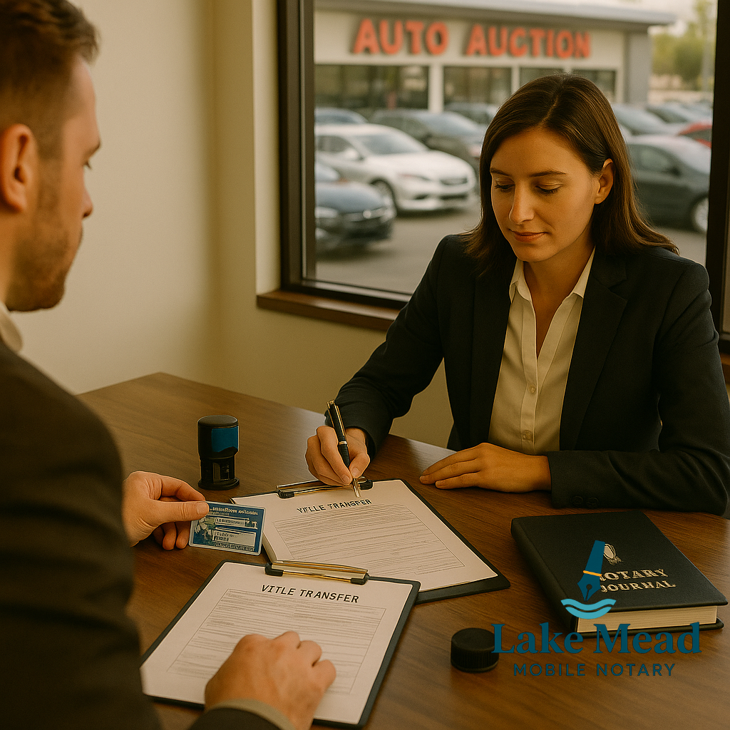 Lake Mead Mobile Notary reviews bill of sale and title transfer with dealer; Nevada dealer license shown; cars visible through window.