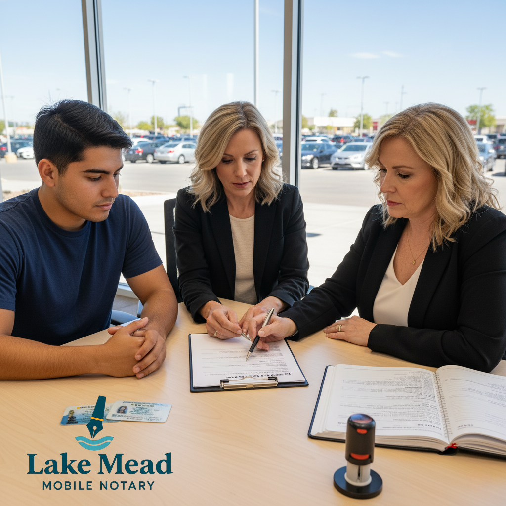 Lake Mead Mobile Notary facilitates a Nevada DMV bill of sale signing at a Henderson dealership, ensuring compliance and trust.