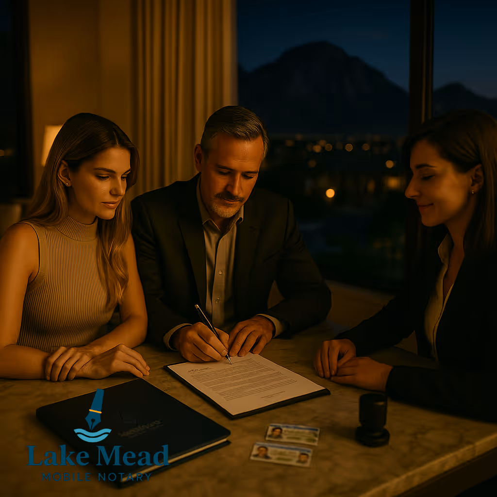 Evening mobile notary at Roma Hills home, Nevada IDs visible, discreet luxury setting, Lake Mead Mobile Notary branding, warm lighting, cinematic.