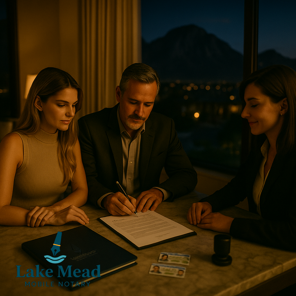 Evening mobile notary at Roma Hills home, Nevada IDs visible, discreet luxury setting, Lake Mead Mobile Notary branding, warm lighting, cinematic.