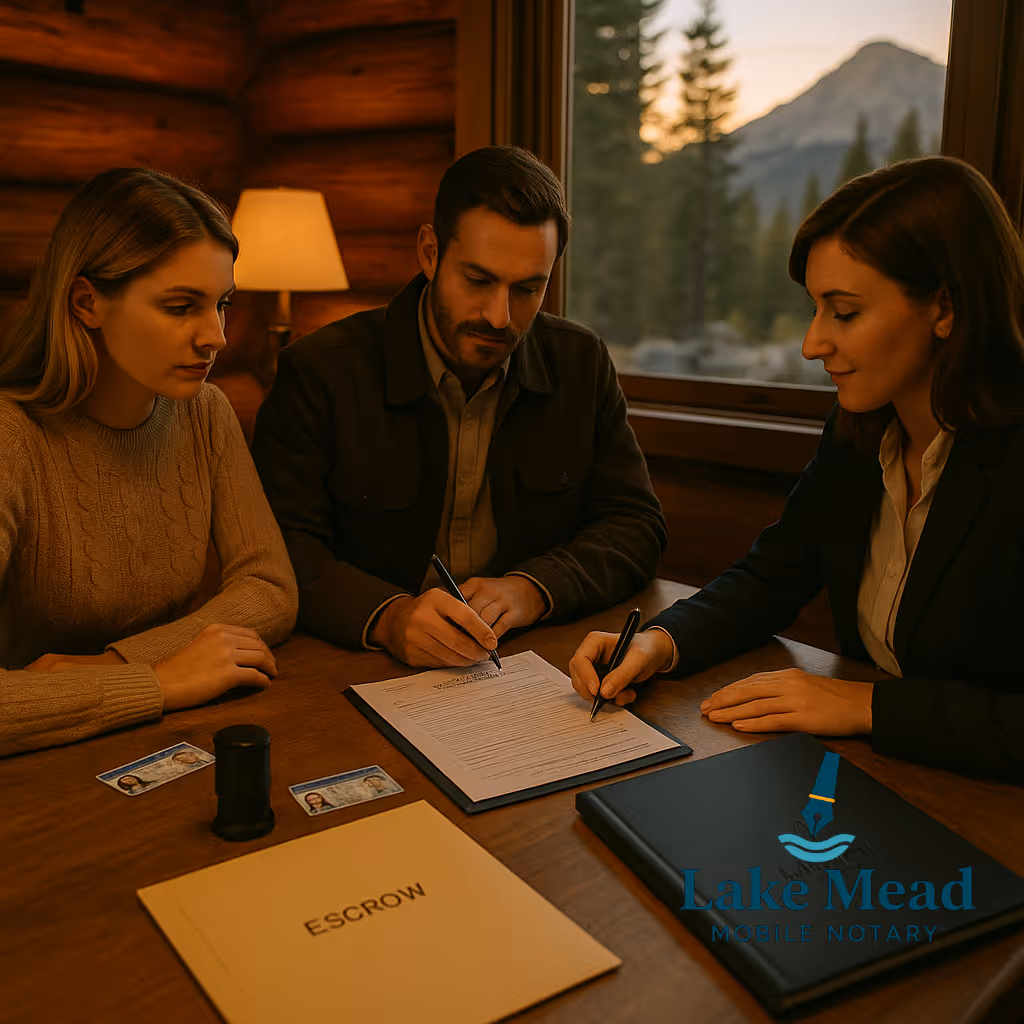 Evening mobile notary closing at a Mount Charleston cabin; couple signing real‑estate documents with Nevada IDs visible, notary journal and stamp on table; agent folder and escrow envelope in frame; pine trees through window at golden hour; warm lighting