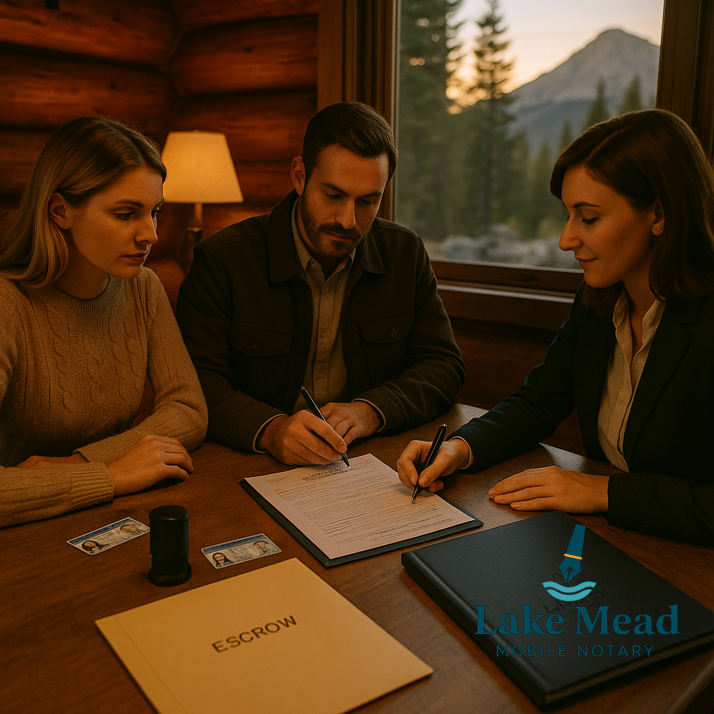 Evening mobile notary closing at a Mount Charleston cabin; couple signing real‑estate documents with Nevada IDs visible, notary journal and stamp on table; agent folder and escrow envelope in frame; pine trees through window at golden hour; warm lighting
