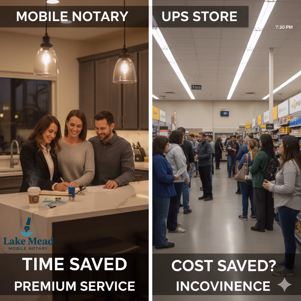 Lake Mead mobile notary vs UPS counter; time and cost comparison; Nevada IDs, journal, stamp; evening service, cinematic square