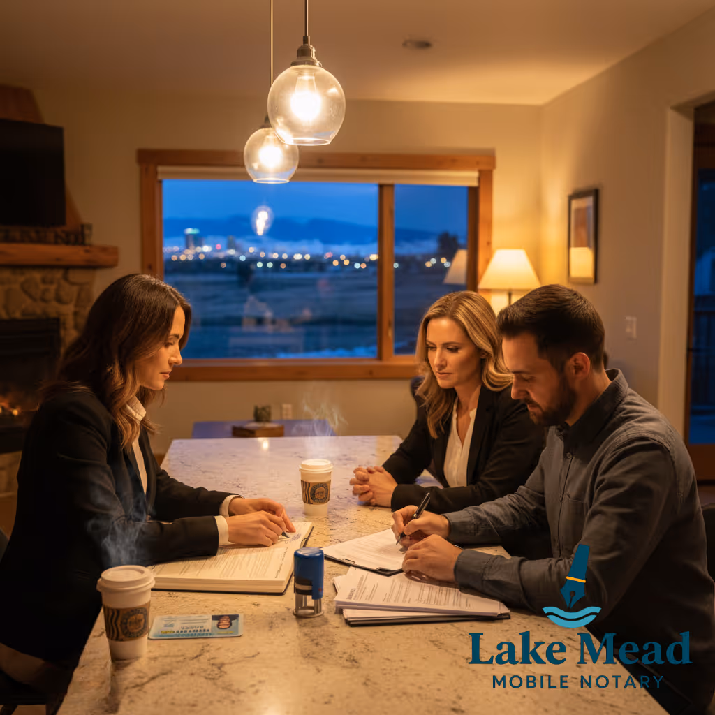 Lake Mead mobile notary in the evening in North Las Vegas home; Nevada IDs, journal, stamp; Aliante setting; warm light; cinematic square.