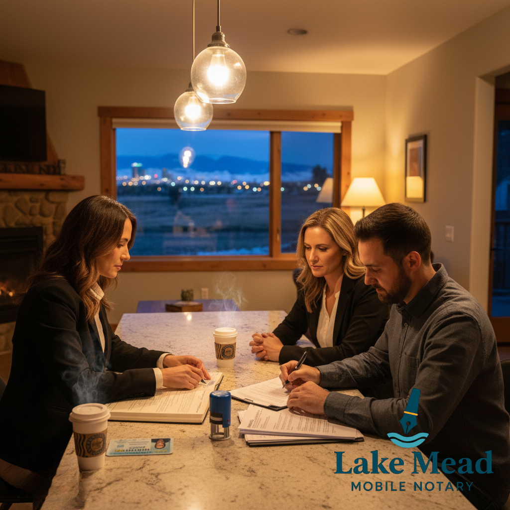 Lake Mead mobile notary in the evening in North Las Vegas home; Nevada IDs, journal, stamp; Aliante setting; warm light; cinematic square.