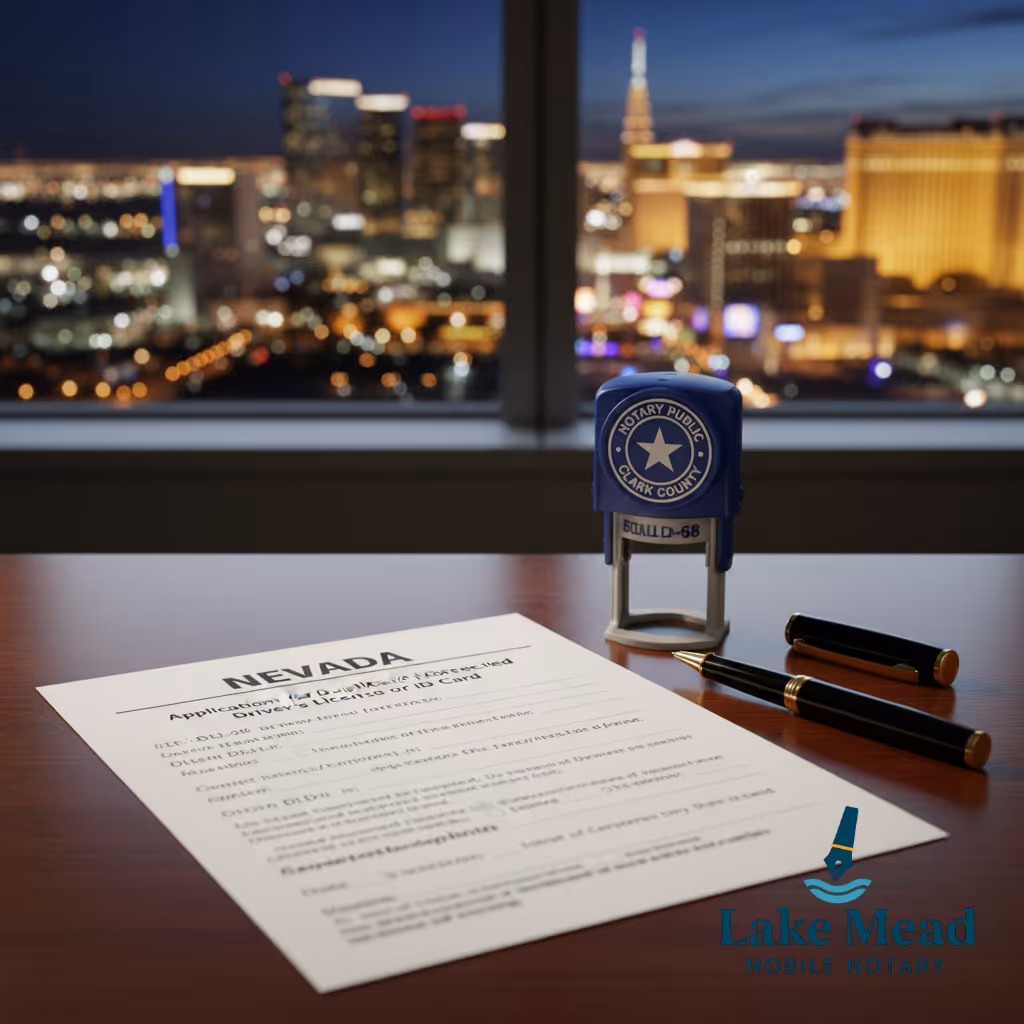 A professional Nevada DMV document (DLD-68 form) on a desk with a notary seal stamp and pen, with Las Vegas skyline visible through a window in the background. Warm office lighting. Professional business aesthetic. Lake Mead Mobile Notary Logo