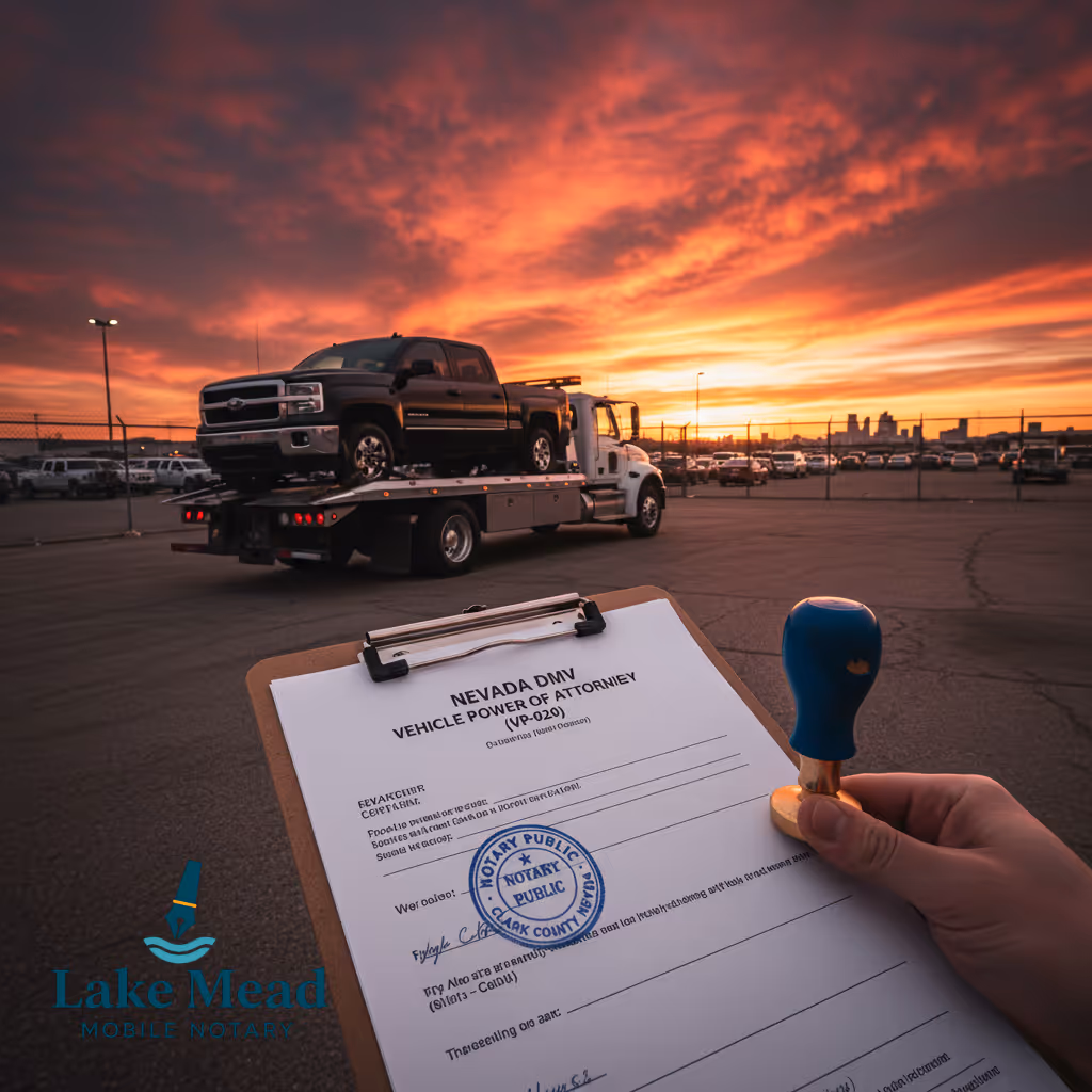 A repossessed vehicle on a tow truck with official Nevada DMV paperwork (VP-020 form) on a clipboard in the foreground, Las Vegas tow yard in background. Professional business aesthetic with notary seal visible. Lake Mead Mobile Notary Logo.
