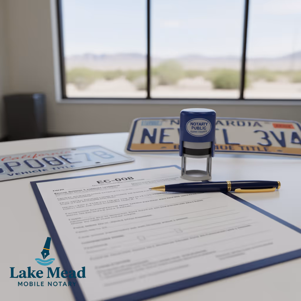 A Nevada DMV EC-008 Emission Control Exemption form on a desk with a California vehicle title and Nevada license plates in the background, symbolizing out-of-state vehicle registration. Lake Mead Mobile Notary logo.
