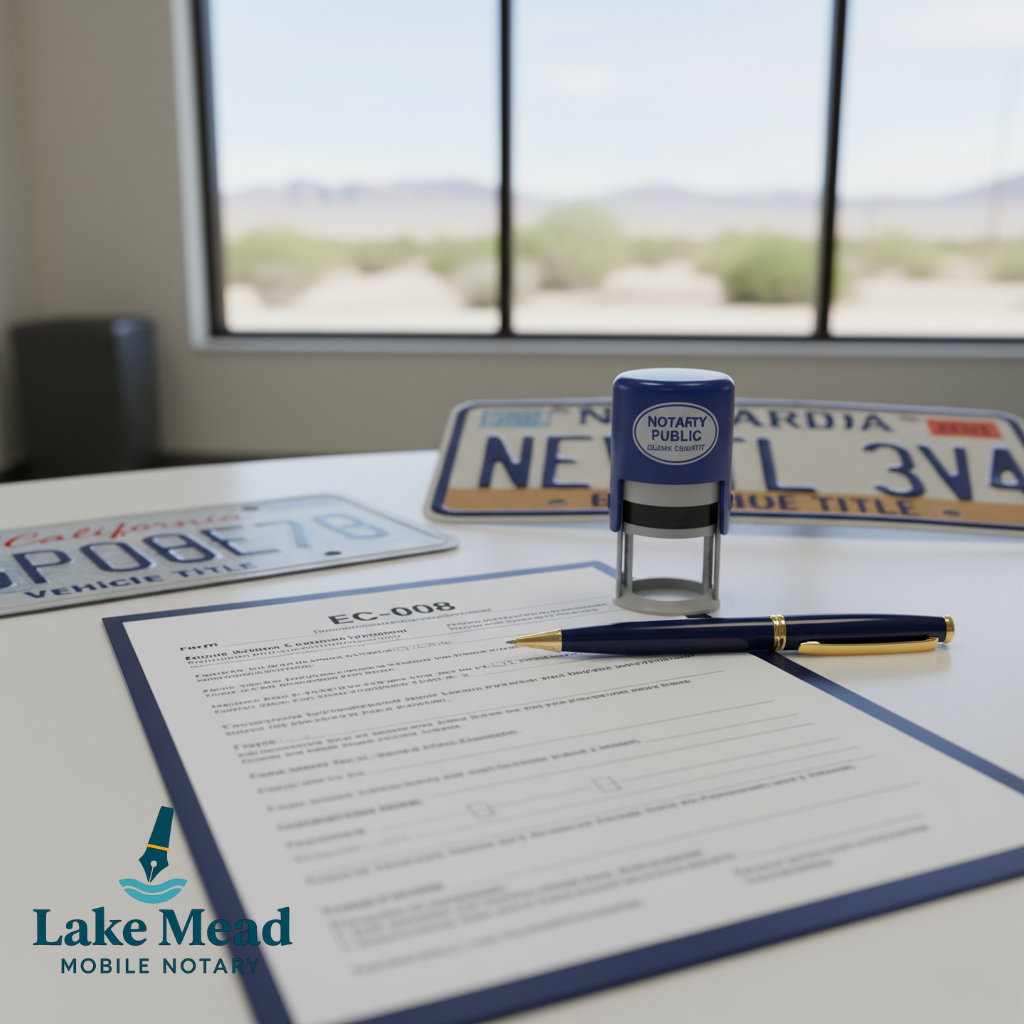 A Nevada DMV EC-008 Emission Control Exemption form on a desk with a California vehicle title and Nevada license plates in the background, symbolizing out-of-state vehicle registration. Lake Mead Mobile Notary logo.