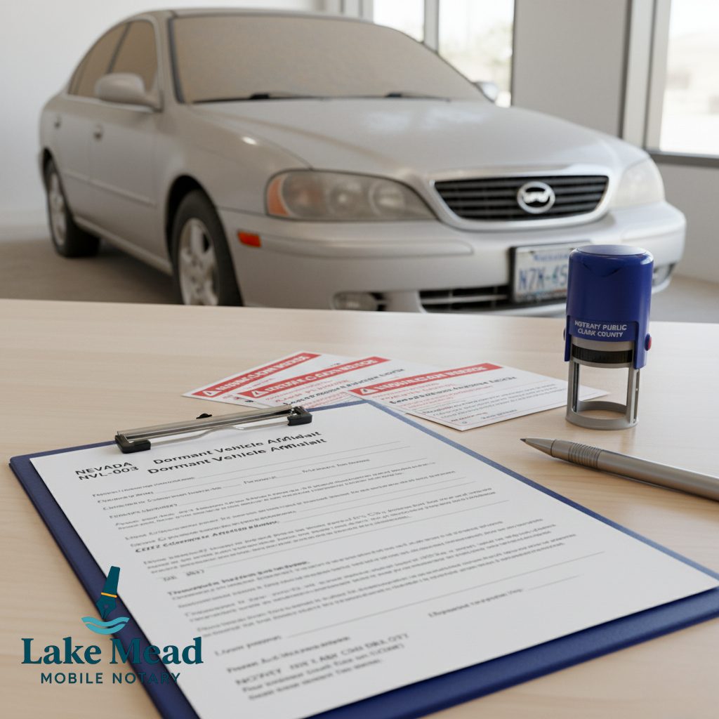 A parked vehicle with a Nevada license plate covered in dust, next to NVL-003 Dormant Vehicle Affidavit paperwork and insurance cancellation notices on a desk. Lake Mead Mobile Notary Logo.