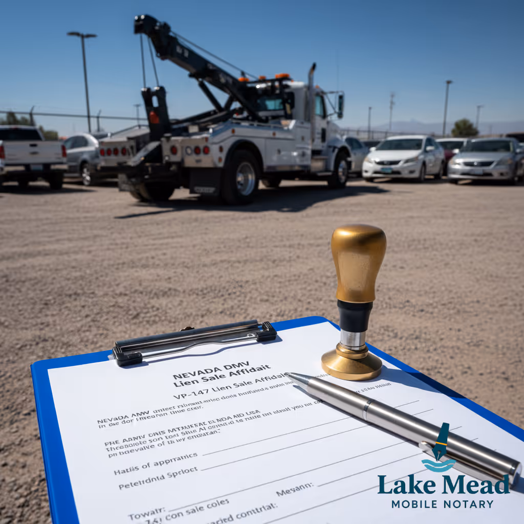 A parked vehicle with a Nevada license plate covered in dust, next to NVL-003 Dormant Vehicle Affidavit paperwork and insurance cancellation notices on a desk. Lake Mead Mobile Notary logo.
