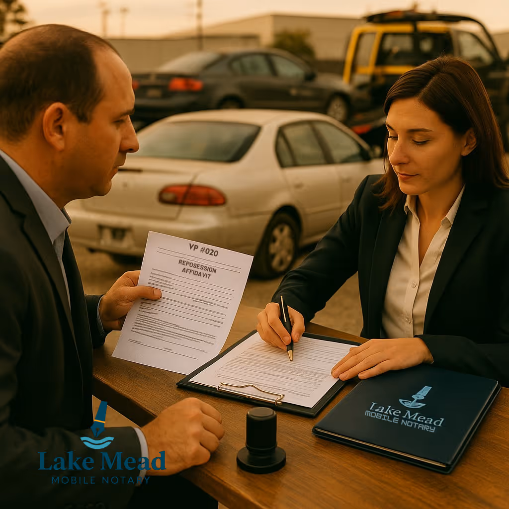 Tow yard notarization: VP-020 repossession affidavit signed with notary journal and stamp; vehicles, Lake Mead Mobile Notary.