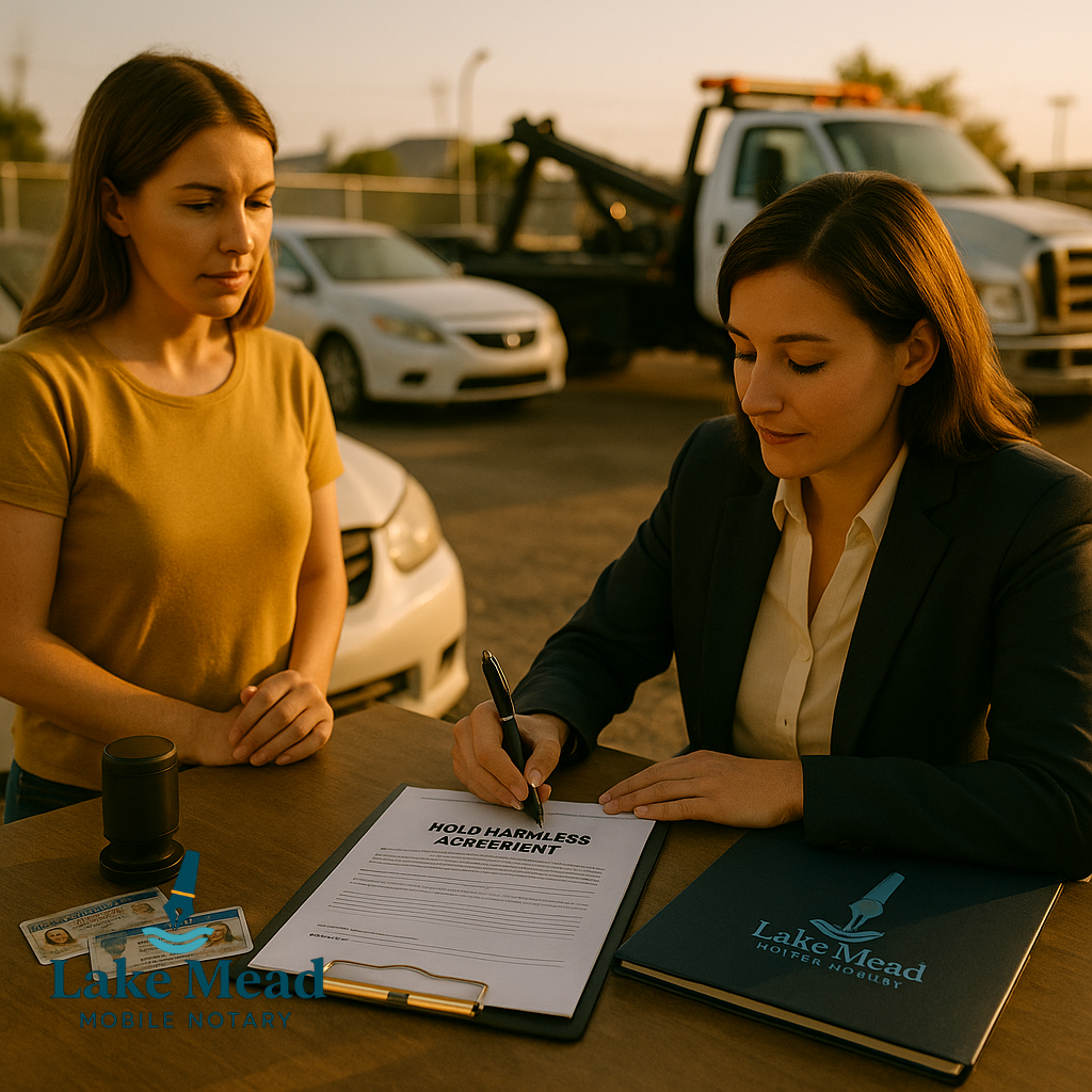 Las Vegas tow yard notarization—customer signs hold harmless release; Nevada IDs, journal, stamp; tow trucks behind; Lake Mead Mobile Notary