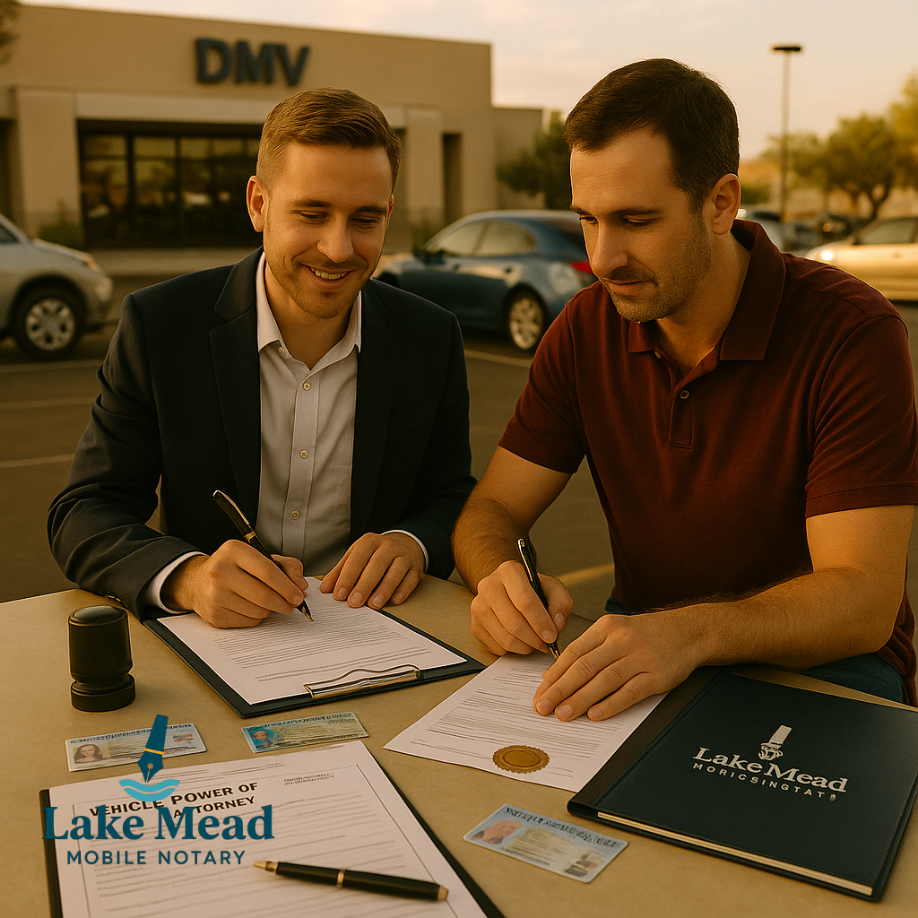 Henderson DMV parking lot notarization—VP-136 vehicle power of attorney signed; Nevada IDs, journal, stamp; Lake Mead Mobile Notary.