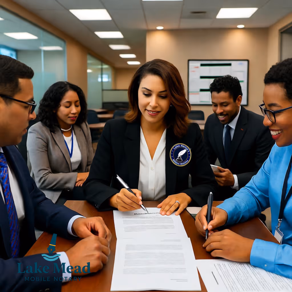 Las Vegas bank notarization—corporate resolution with client and banker; IDs, journal, stamp; Lake Mead Mobile Notary business attire.