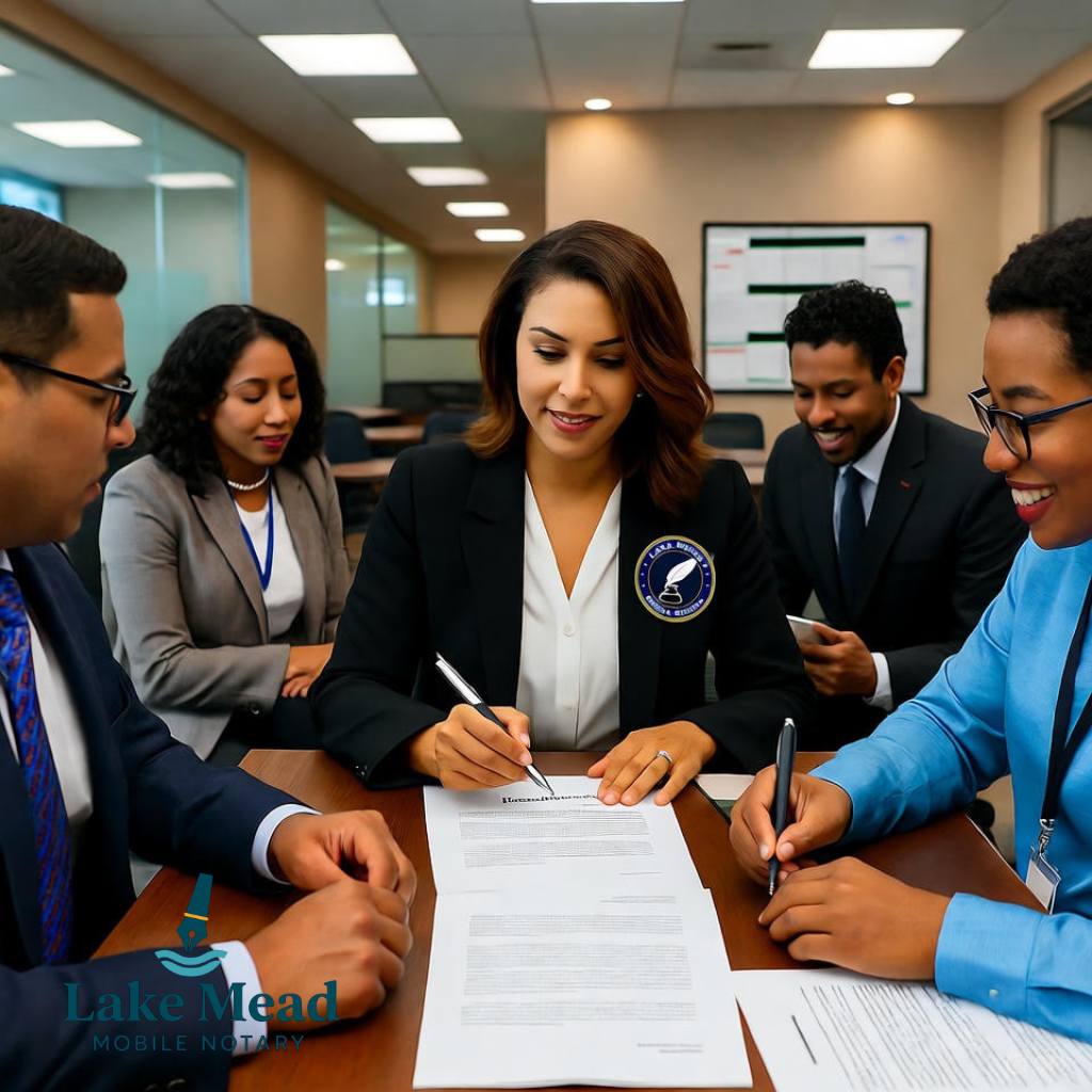 Las Vegas bank notarization—corporate resolution with client and banker; IDs, journal, stamp; Lake Mead Mobile Notary business attire.