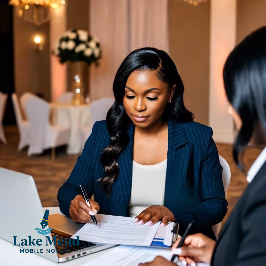 Upscale Las Vegas ballroom contract signing with event planner; Nevada IDs, notary journal and stamp on table; Lake Mead Mobile Notary logo visible on folder; warm professional lighting; cinematic composition