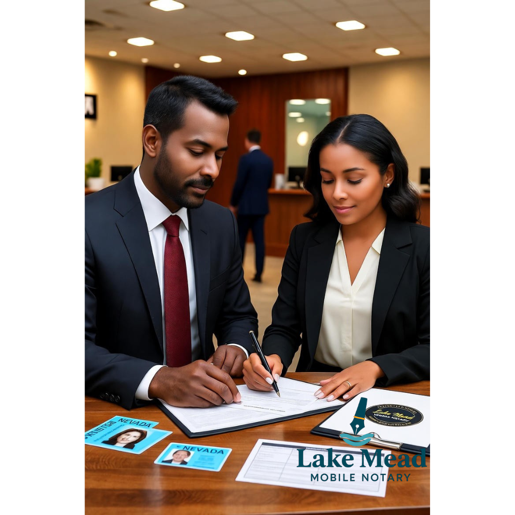 Las Vegas business banker notarizing authorization documents with mobile notary at modern bank branch; Nevada IDs, notary journal and financial documents on professional desk; Lake Mead Mobile Notary logo visible on folder