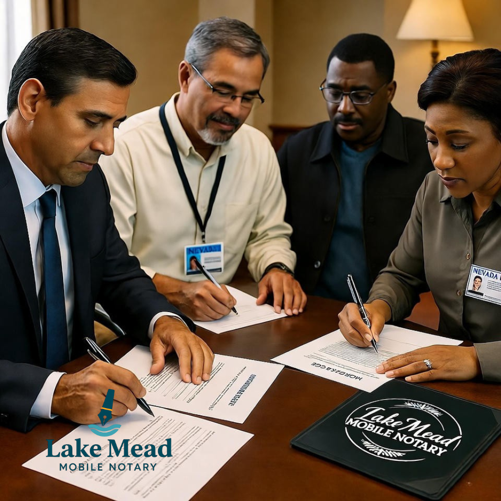Las Vegas real estate closing notarization with escrow officer, buyer seller and mobile notary signing deed; Nevada IDs, loan documents and mortgage papers on professional closing table; Lake Mead Mobile Notary logo visible on folder