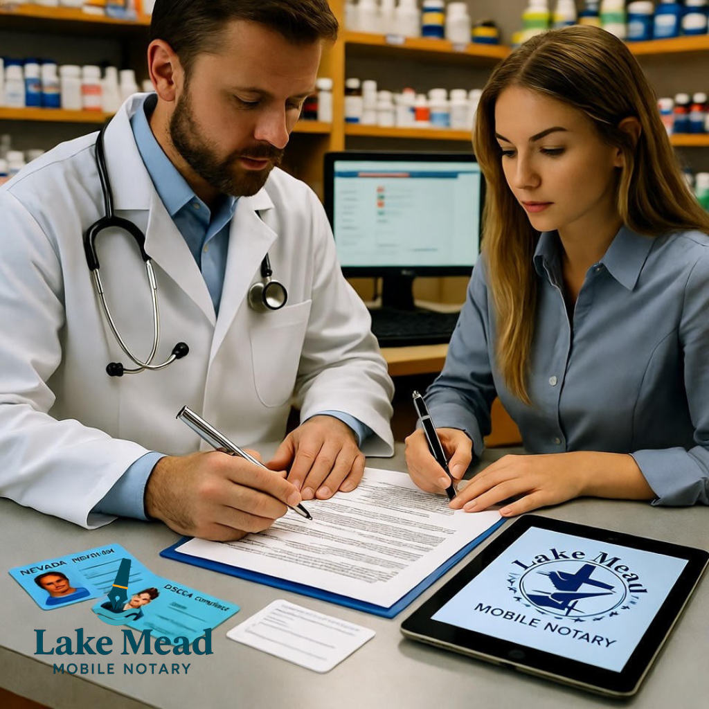 Las Vegas pharmacist notarizing pharmaceutical quality agreement with mobile notary at pharmacy; Nevada IDs, DSCSA documentation and vendor contracts on pharmacy counter; Lake Mead Mobile Notary logo visible