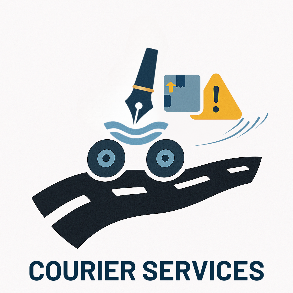 Lake Mead Mobile Notary Courier Services Icon: Stylized road vehicle with notary pen, package, and warning symbol for delivery.