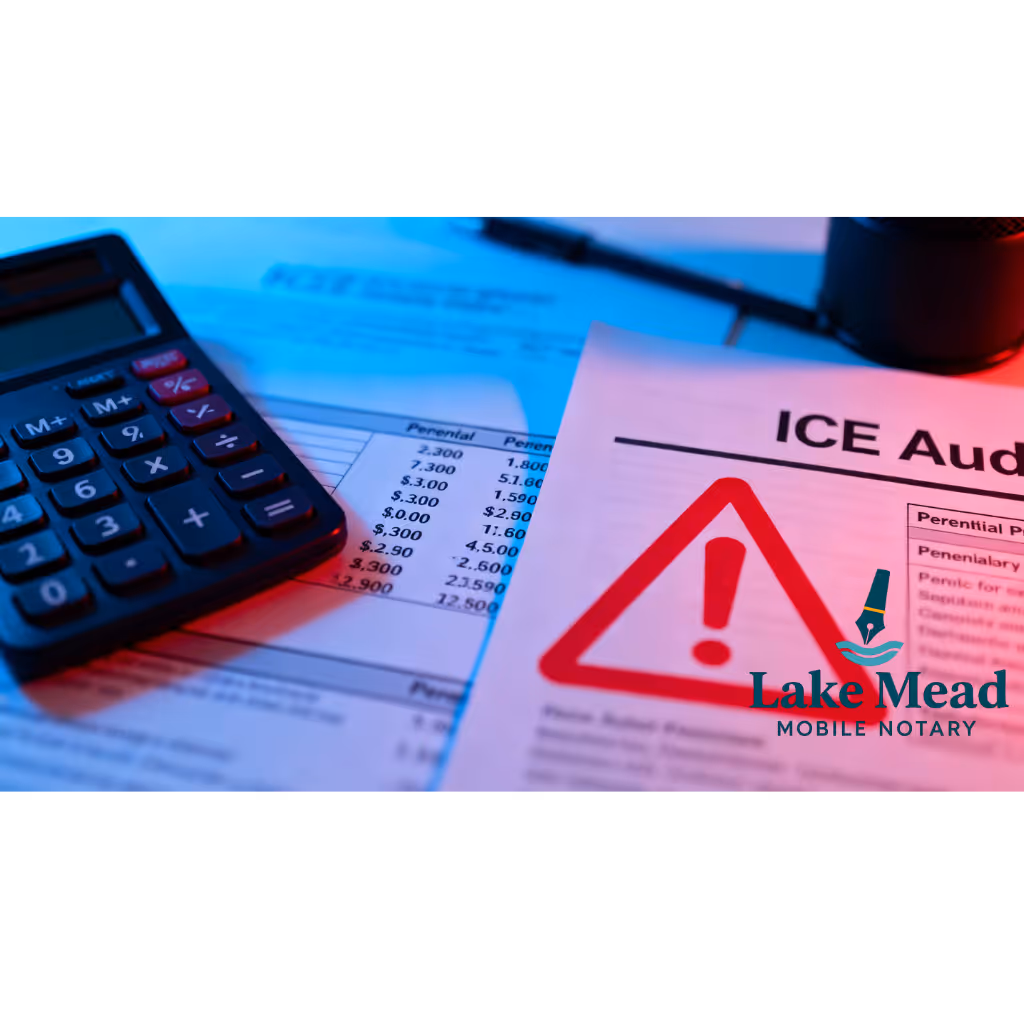 Close-up of calculator and financial documents showing penalty amounts; red warning graphic overlay; ICE audit documentation; serious professional atmosphere; blue and red color scheme; cinematic business composition.