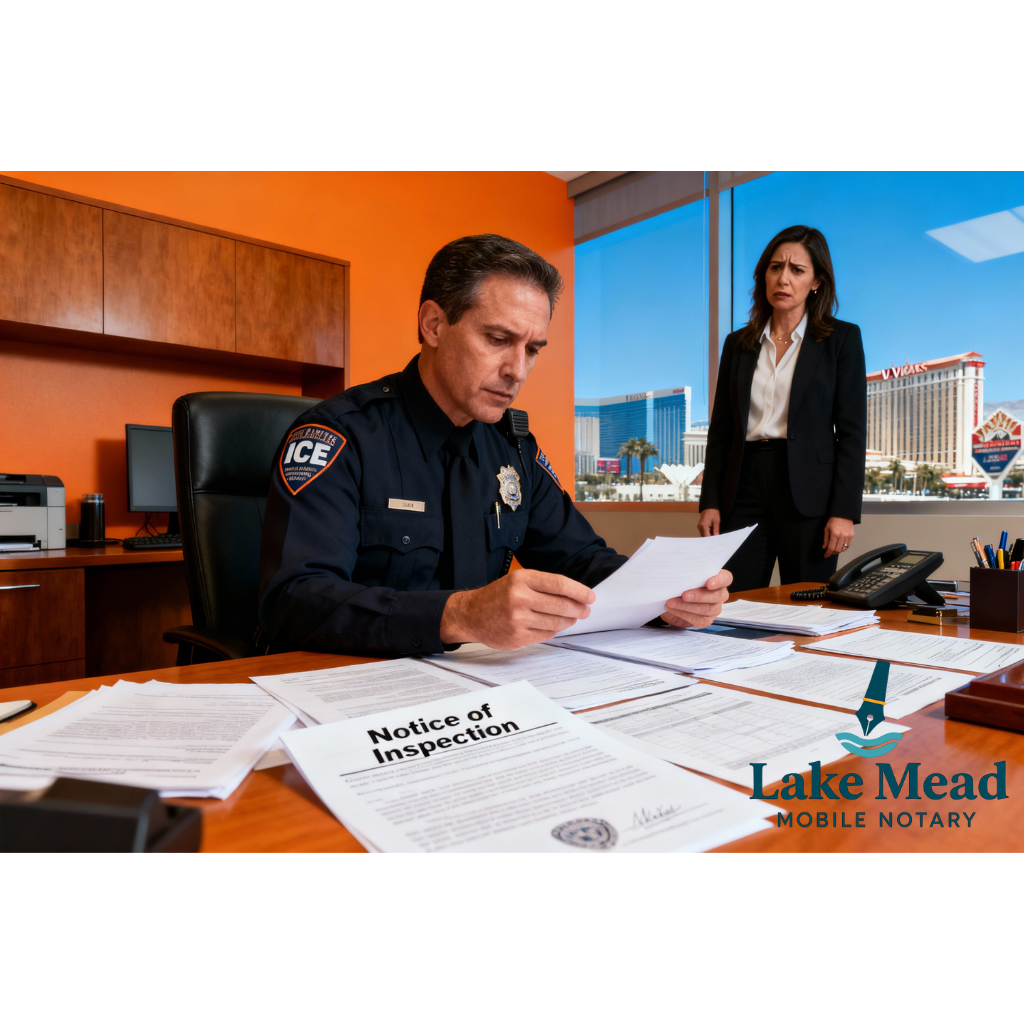 ICE agent reviewing documents at office desk; Notice of Inspection document visible; HR manager looking concerned; Las Vegas office setting; serious professional atmosphere; orange and blue color scheme; photorealistic business photography.