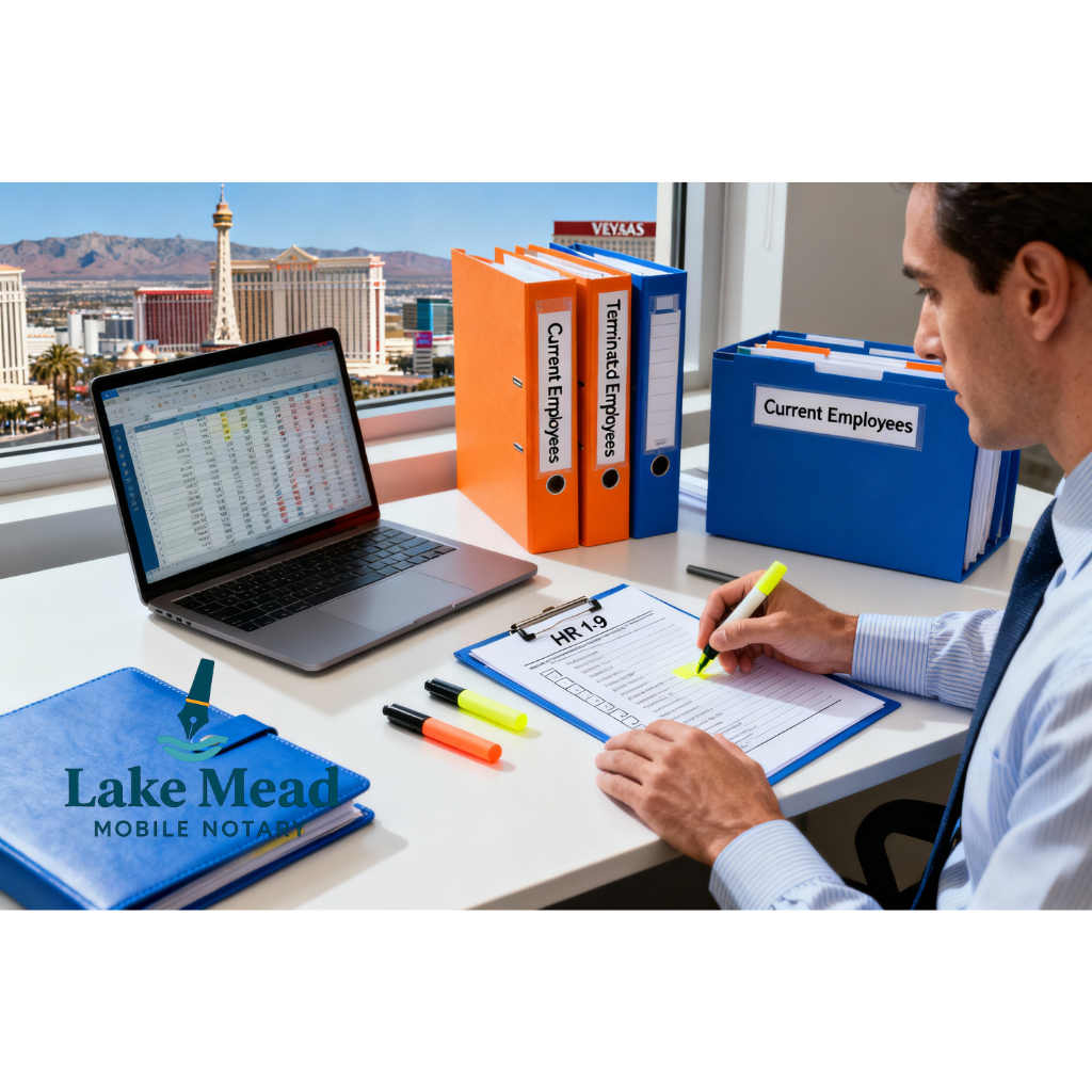 Lake Mead Mobile Notary at modern Las Vegas office desk reviewing printed I-9 forms with checklist and colored highlighters; laptop showing spreadsheet visible; organized file folders labeled "Current Employees" and "Terminated Employees" in background