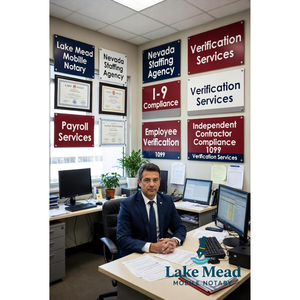 Lake Mead Mobile Notary Nevada staffing agency I-9 obligations payroll employee independent contractor 1099 verification 2025