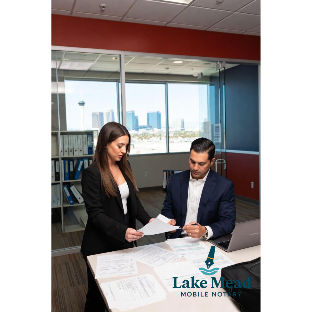 Lake Mead Mobile Notary professional reviewing beneficial ownership documents at Nevada title company for FinCEN AML compliance